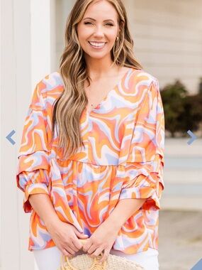 GeeGee Vibrant Swirl Print V-Neck Blouse in Orange & Lavender Boutique Plus 3X
